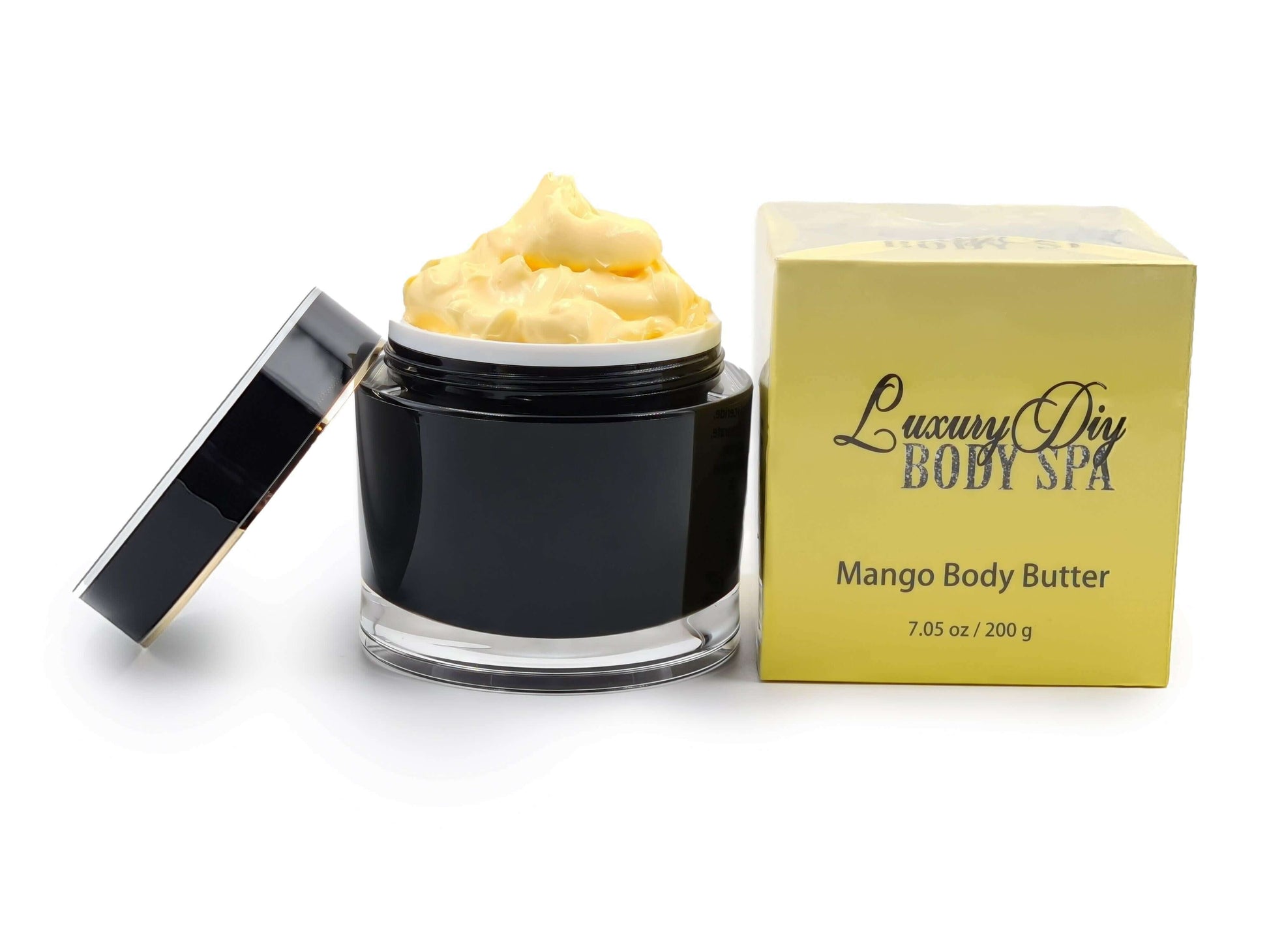 The body butter is in a luxury 200g black jar with gold trim and package in a yellow box.