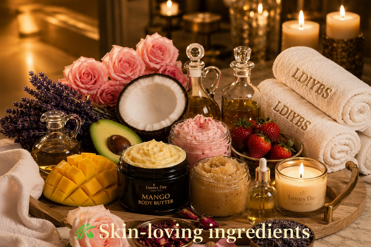 Luxury beauty products including body butter, candles, and flowers on a wooden tray.