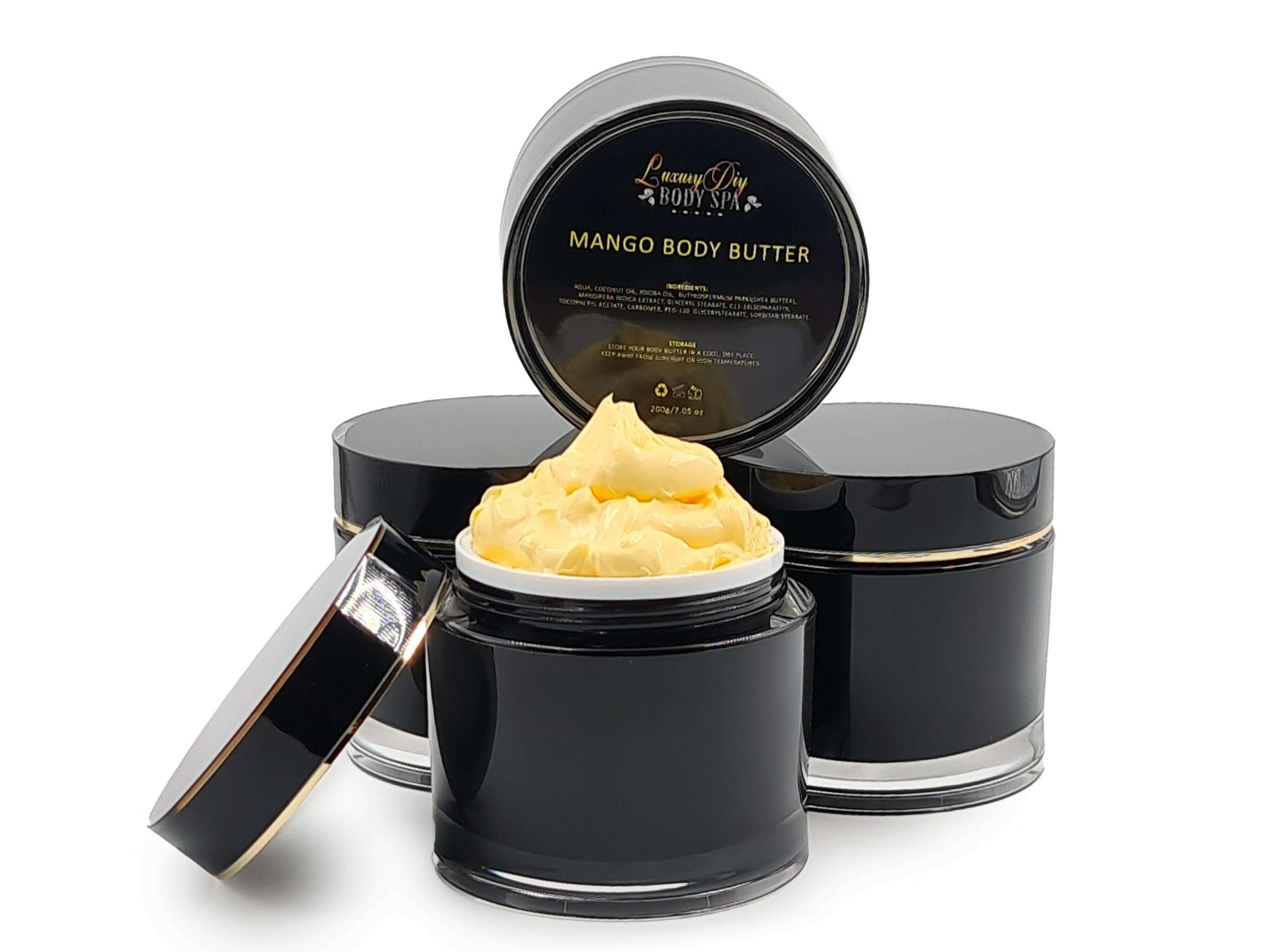 The body butter is displayed in a 200g jar with gold trim
