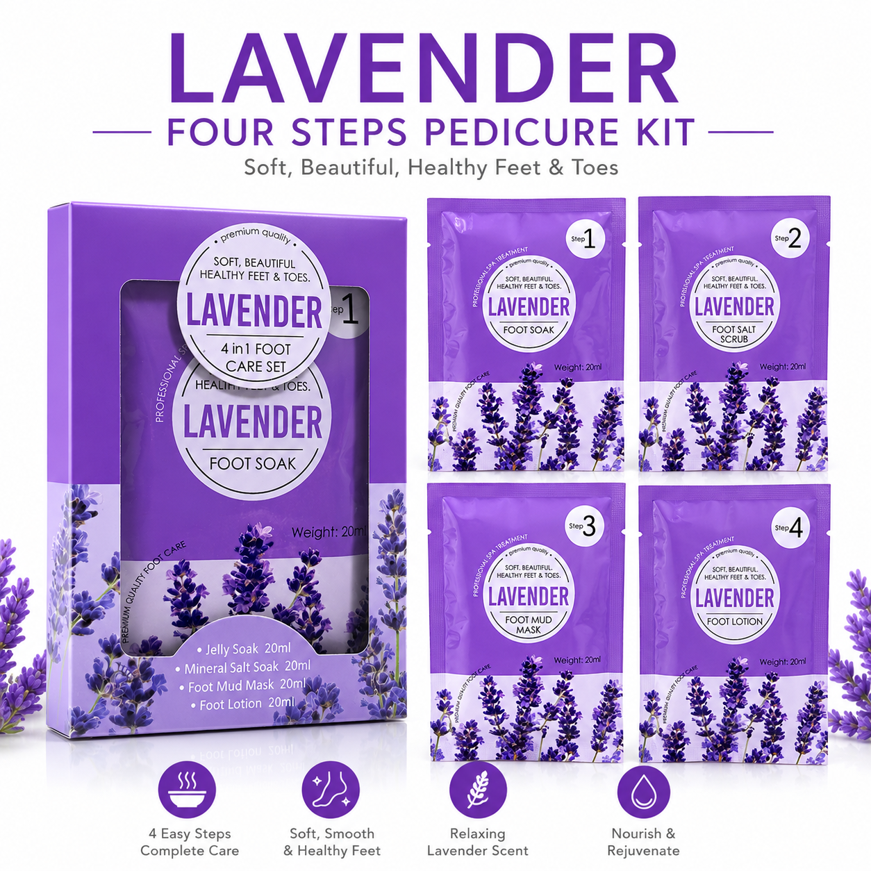 Lavender four steps pedicure kit with packaging and lavender flowers on a white background