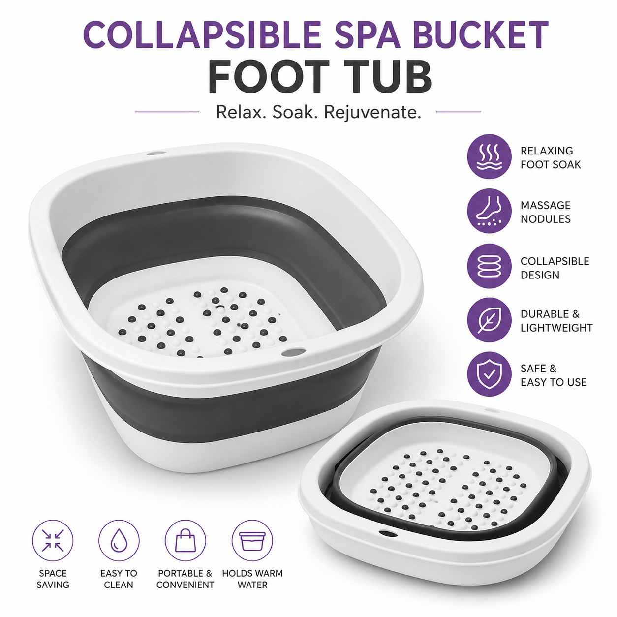 Collapsible spa bucket foot tub with features listed on a white background