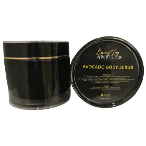 The body scrub is in a luxury 200g black jar with gold trim