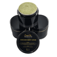 The green all natural body scrub is in a 200g black luxury jar with a gold trim