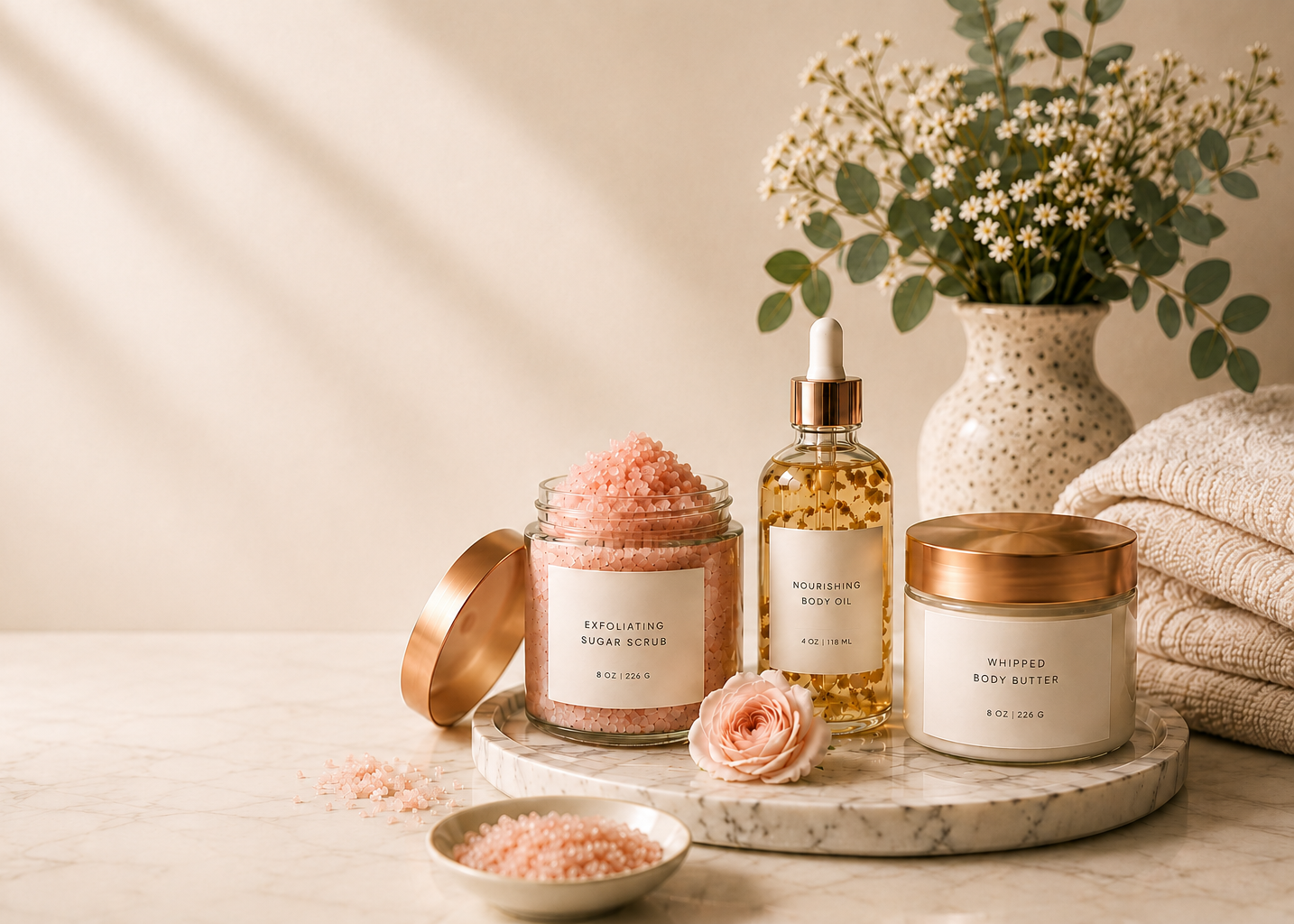 Assorted skincare and wellness products on a marble tray with flowers and towels in the background.