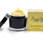 The body butter is in a luxury 200g black jar with gold trim and package in a yellow box.