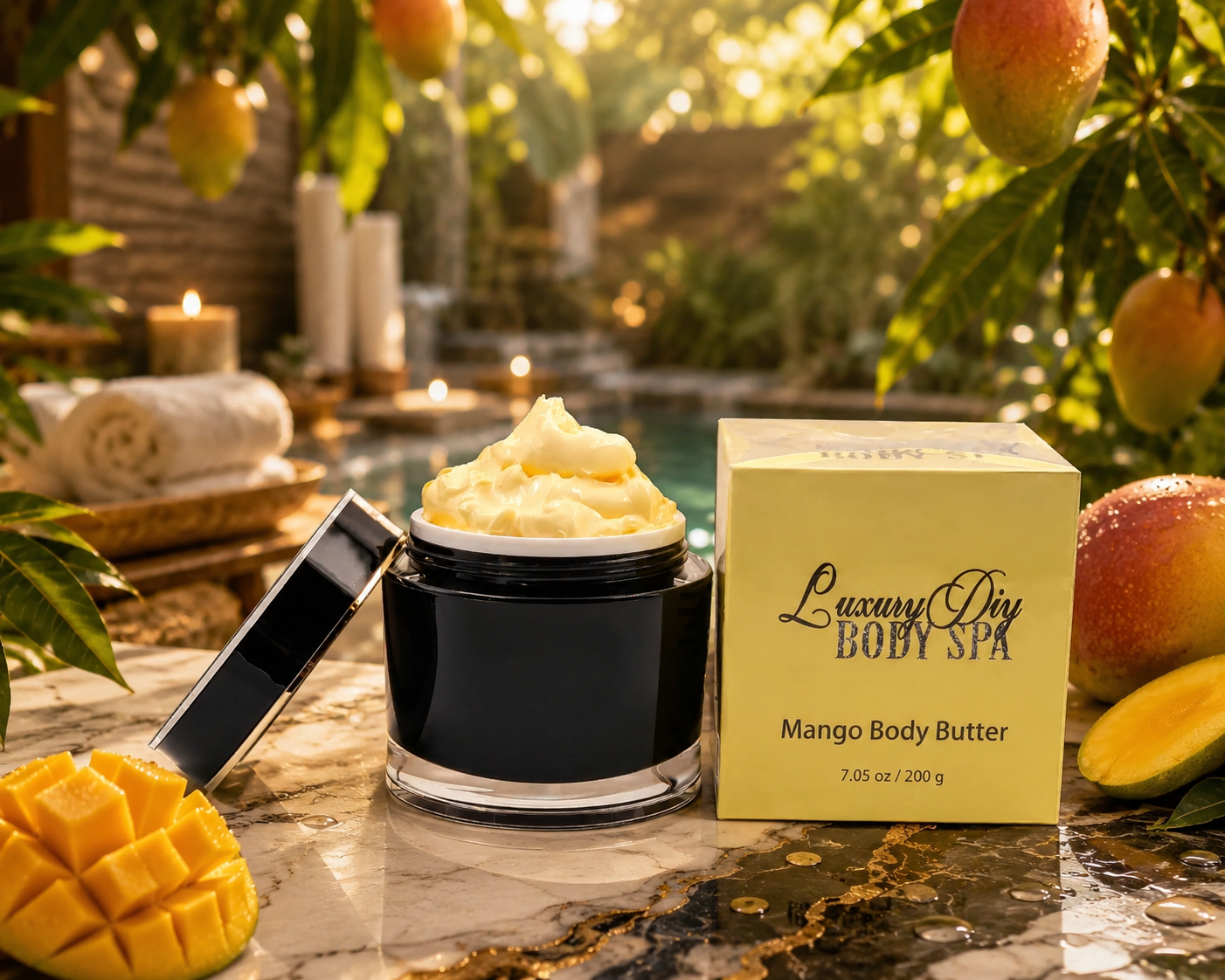 Mango body butter with packaging on a marble surface with mangoes and candles in the background
