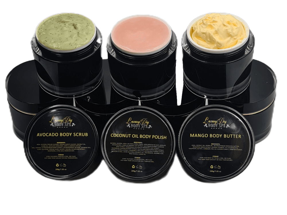 Moisturizer & Hydration Body Kit from Luxury DIY Body Spa come in a luxurious 200g black jar with gold trim.  The kit consist of 3 items a body scrub, body polish and body butter.
