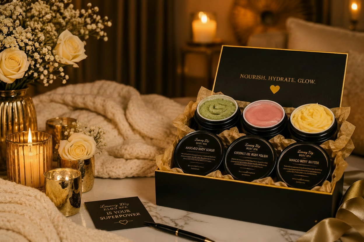 Luxury self-care product set with candles and a sign inviting new subscribers to join a VIP list.
