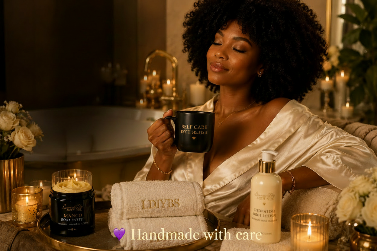 Woman in a luxurious setting with candles and body care products, featuring 'LUVVS' branding.