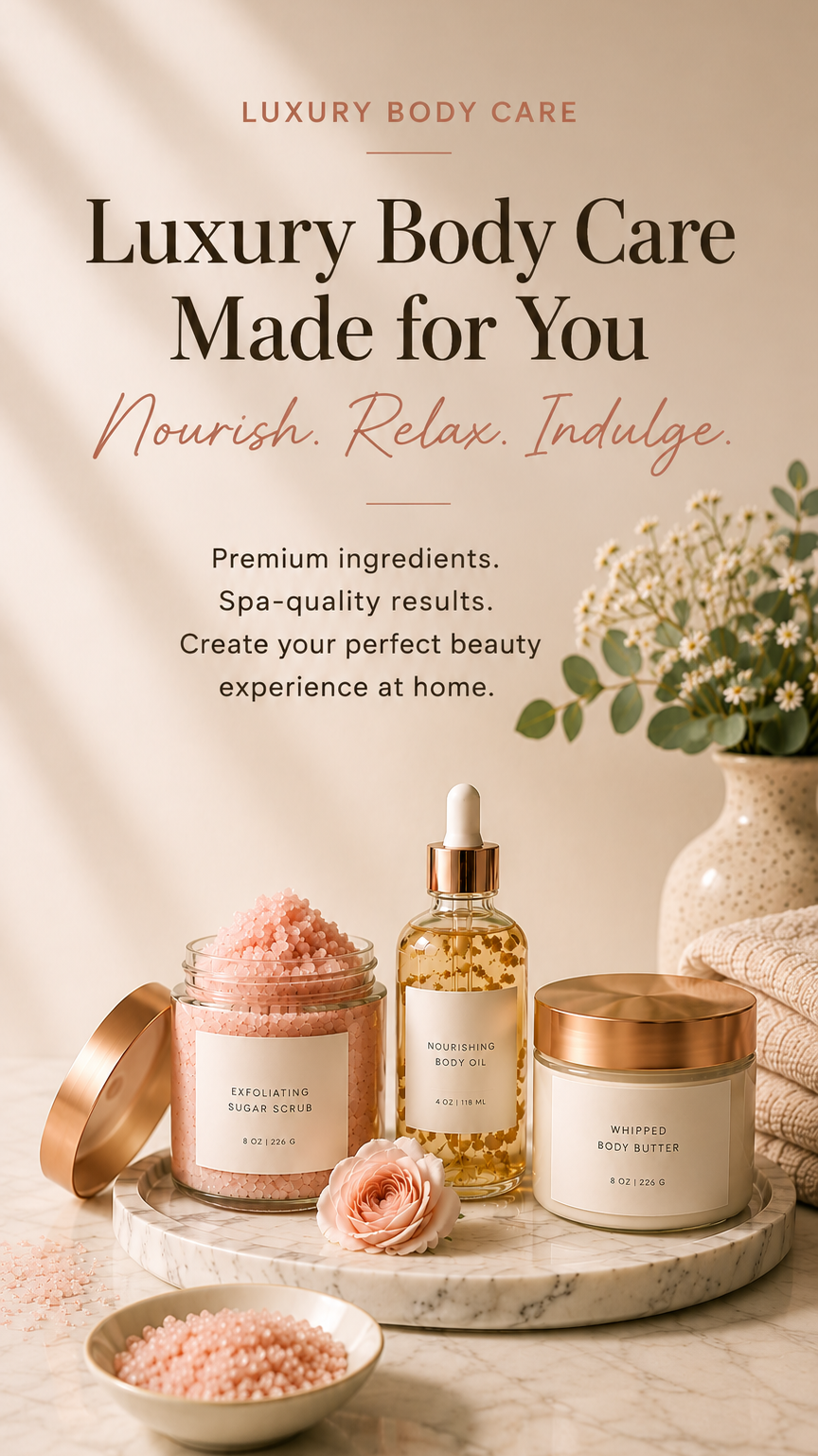 Luxury body care products including candles, oils, and salts on a marble tray with text about premium ingredients and spa-quality results.